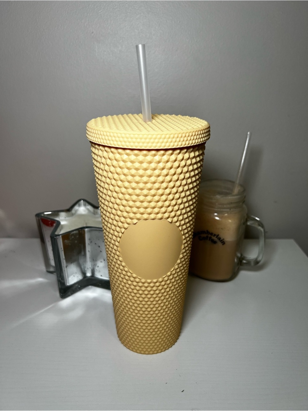 Textured Studded Tumbler with Straw - Pale Yellow